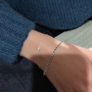 S925 sterling silver layered bracelet with cubic zirconia and woven black and white chain