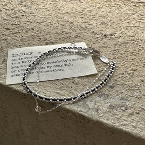 Double-layer S925 sterling silver black braided bracelet with round zircon pendant charm