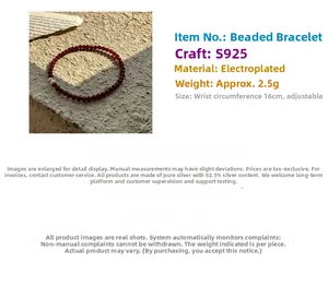 Detail of red agate beaded bracelet with S925 silver bead and elastic 16cm band