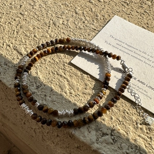 Vintage 925 Sterling Silver Tiger Eye Stone Beaded Necklace For Women Maillard Style Minimalist Clavicle Chain Jewelry