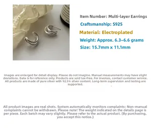 Macro view of S925 sterling silver triple-layer hoop earrings with polished finish