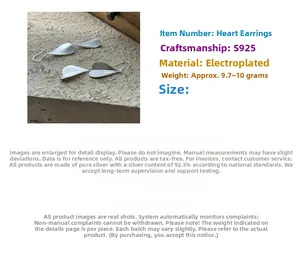 Detail of S925 sterling silver matte heart earrings with double leaf design and 10g weight