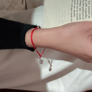 Minimalist 925 silver red string bracelet with silver beads and a small bell charm