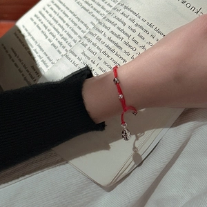 Woven red string bracelet with silver double hulu pendant and round beads for luck