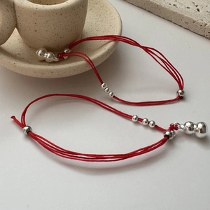 Minimalist 925 silver red string bracelet set with silver beads and gourd charms