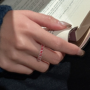 S925 sterling silver woven red rope ring with double row of pavé red gemstones