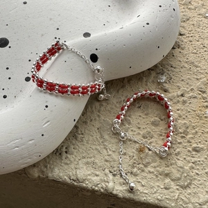 Handcrafted S925 sterling silver beads on a red braided rope adjustable ring for New Year