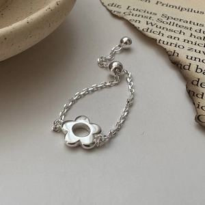 Bague en Argent Sterling 925 Chaîne Ajustable Fleur Coréenne Minimaliste Creuse Florale Bijoux de Mode Cadeau pour Femme