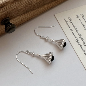 Vintage 925 Sterling Silver Black Agate Bell Earrings For Women Minimalist Matte Inlaid Dangle Drop Hook Earrings Jewelry
