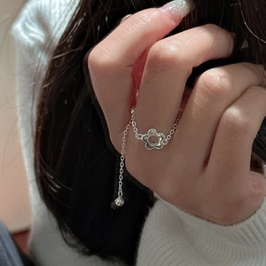 Bague chaîne en argent sterling S925 avec breloque fleur évidée et bille réglable