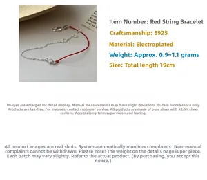 Detail of S925 sterling silver red string bracelet with single diamond and lobster clasp