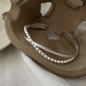 Minimalist S925 sterling silver double-layer open bangle with matte finish beads