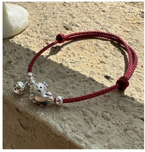Détail du bracelet en cordon tressé rouge avec pendentif dauphin argenté ajustable