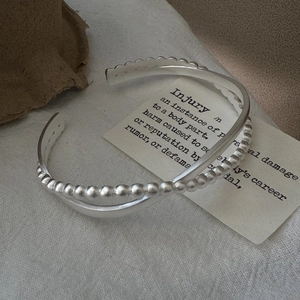 Minimalist S925 sterling silver cross cuff bracelet with double-layer beaded design