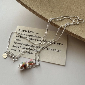 Minimalist 925 sterling silver snowman bead chain necklace with colorful silk pendant