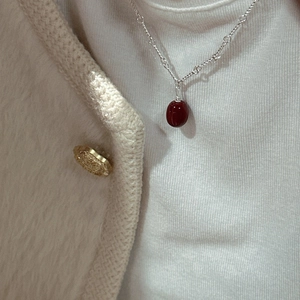 Minimalist S925 sterling silver necklace with a deep red oval gemstone pendant for women