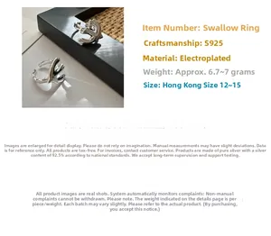 Detail of S925 silver flying swallow ring showing 3D embossed bird design and weight info