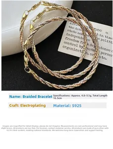 Detail of S925 sterling silver braided bracelet in gold, silver, and rose gold finish