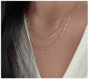 Close-up of S925 silver double layer necklace with gold and silver two-tone sequins