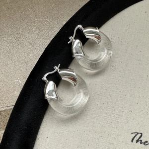 Boucles d'oreilles créoles C en argent sterling S925 et résine transparente pour femme