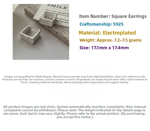 Détails de boucles d'oreilles carrées en argent S925 avec texture tressée et dimensions