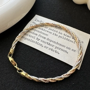 S925 sterling silver triple layer bracelet with twisted tri-color gold strands and lobster clasp