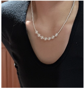 Detail of 925 silver beaded necklace featuring seven sparkling beads on a choker chain