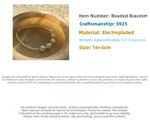 Detailed view of S925 silver beaded bracelet showing dimensions and plating specs