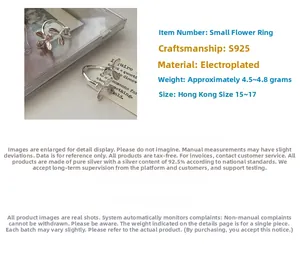 Detailed view of S925 sterling silver ring with double flower texture and open design