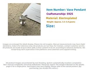 Detailed close-up of a matte S925 sterling silver vase pendant with engraved specifications