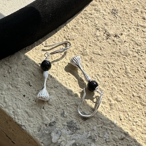 S925 Sterling Silver Black Bead Drop Earrings For Women Minimalist Handmade Striped Cone Pendant Korean Niche Style Jewelry