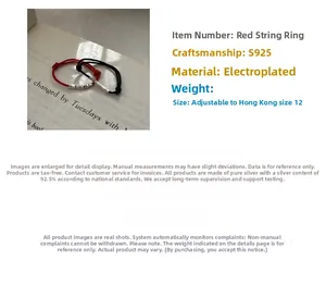 Detail of adjustable red woven cord ring with S925 sterling silver beads for good luck