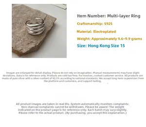 Macro detail of multi-layer S925 sterling silver ring showing polished finish and weight info
