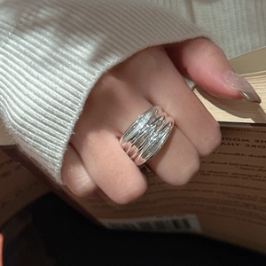 Minimalist S925 sterling silver multi-layer layered wide ring with crumpled texture design