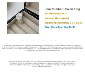 Detailed view of S925 silver zircon ring with specifications on HK sizes 12-15