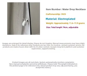 Détails des pendentifs gouttes d'eau en argent S925 avec chaîne à billes ajustable