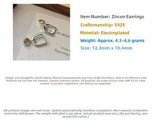 Macro detail of S925 sterling silver hoop earrings featuring yellow zircon stones