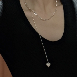 Minimalist S925 sterling silver double layer necklace with 3D heart pendant and bead chain