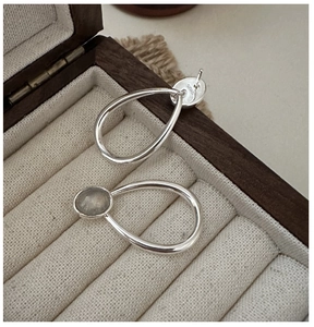 Detail view of S925 sterling silver drop earrings featuring labradorite stones on fabric