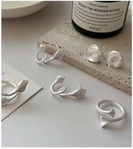 Macro shot of matte S925 silver set including rose studs, spiral earrings, and open ring