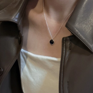 S925 Sterling Silver Black Agate Necklace For Women Minimalist Retro Round Onyx Pendant Jewelry With OT Toggle Clasp