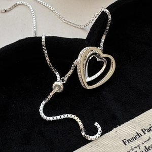 Collier double cœur en argent S925 avec zircons et gravure Cherish minimaliste