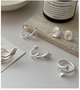 Detail view of S925 sterling silver jewelry set with matte finish rings and earrings