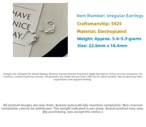 Detailed view of S925 sterling silver irregular earrings with dimensions and weight info