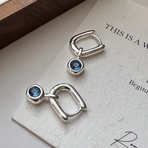 Minimalist S925 sterling silver hoop earrings with dark blue zircon stones for women