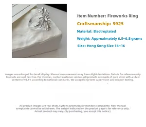 Detail view of fireworks-inspired S925 sterling silver open ring with hallmark