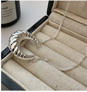 Macro della collana con ciondolo a forma di croissant argento e trama a spirale in scatola