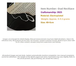 Detailed view of S925 sterling silver oval pendant necklace with 40+5cm beaded chain