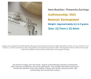 Detail of S925 sterling silver firework earrings showing 22.7mm x 23.4mm dimensions