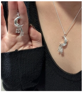 Detailed close-up of S925 sterling silver moon and star necklace set with elegant metallic luster